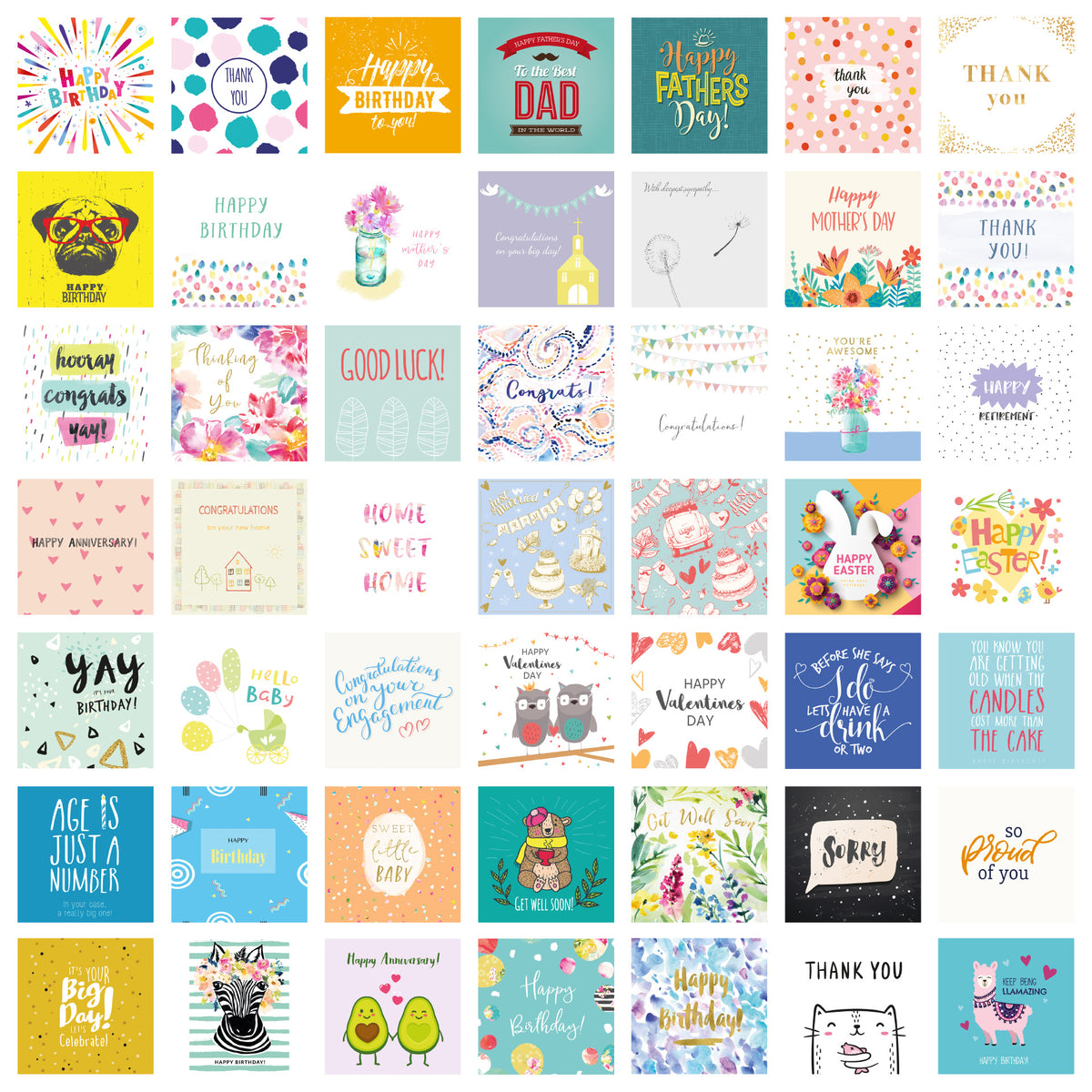 Pack of 50 assorted greetings cards – full set of card designs