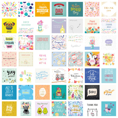 Pack of 50 assorted greetings cards – full set of card designs