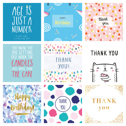 Pack of 50 assorted greetings cards – birthday, anniversary and thank you designs
