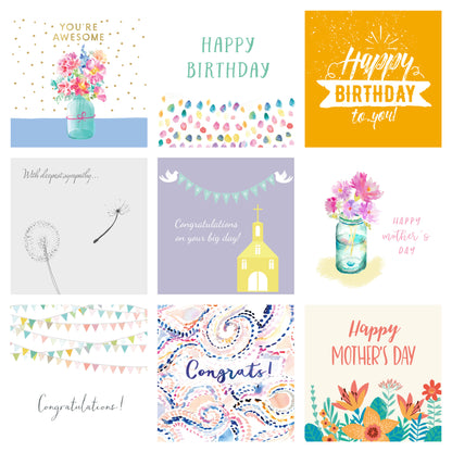 Pack of 50 assorted greetings cards – card designs for all occasions
