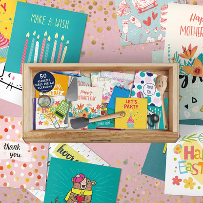 Pack of 50 assorted greetings cards for all occasions with envelopes