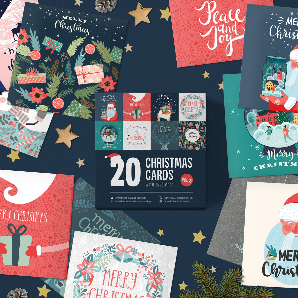 Eco friendly pack of Christmas cards – box with cards and envelopes laid out