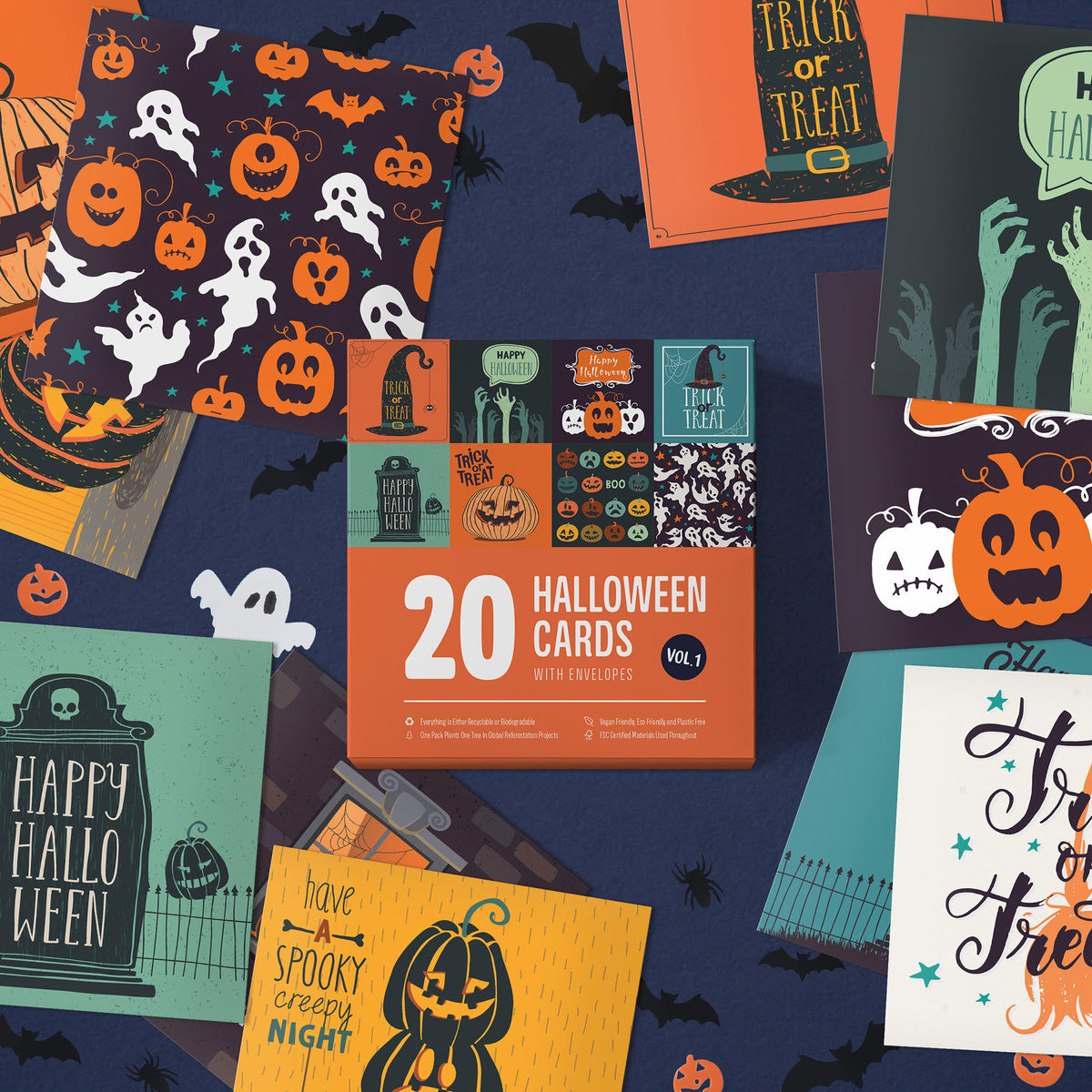 Pack of 20 Halloween cards – spooky card designs