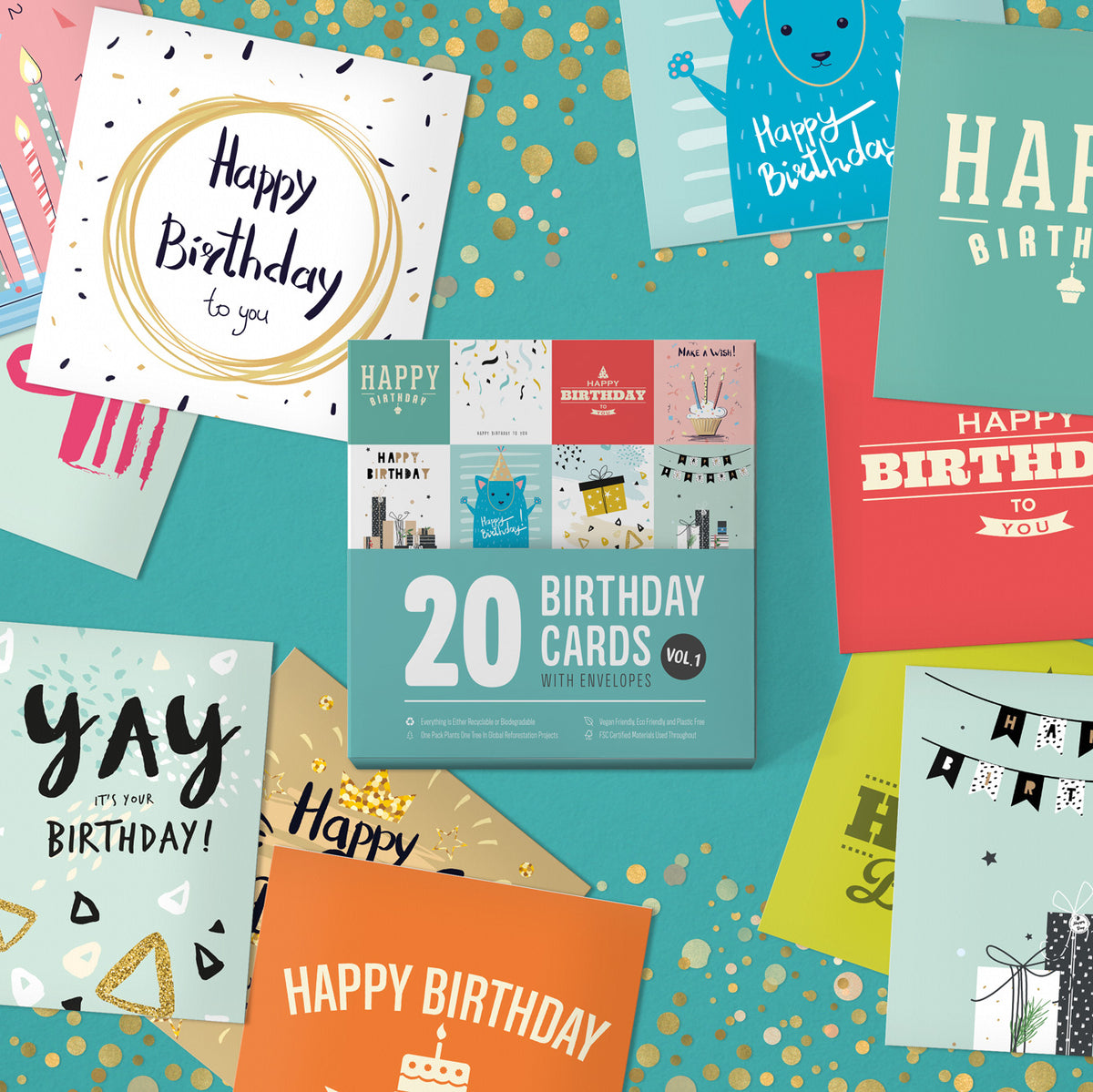 Pack of birthday cards Volume 1 – box with cards and envelopes laid out