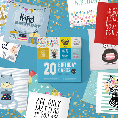 Pack of birthday cards Volume 2 – box with cards and envelopes laid out