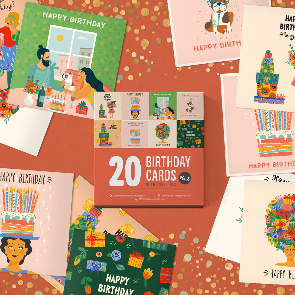 Pack of birthday cards Volume 3 – box with cards and envelopes laid out