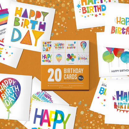 Pack of birthday cards Volume 4 – box with cards and envelopes laid out