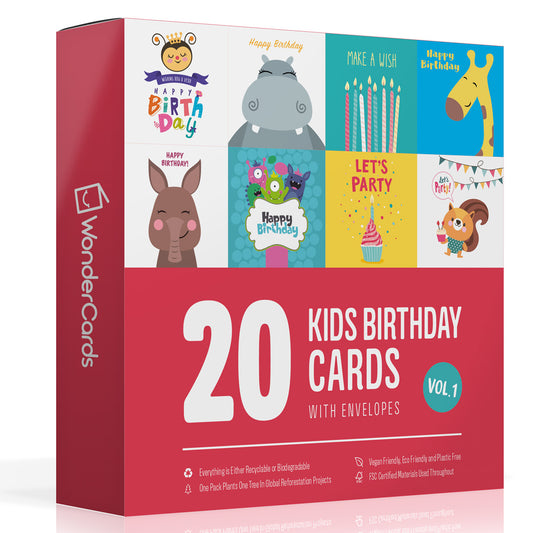 Pack of kids birthday cards Volume 1 – 20 cards and envelopes in their box