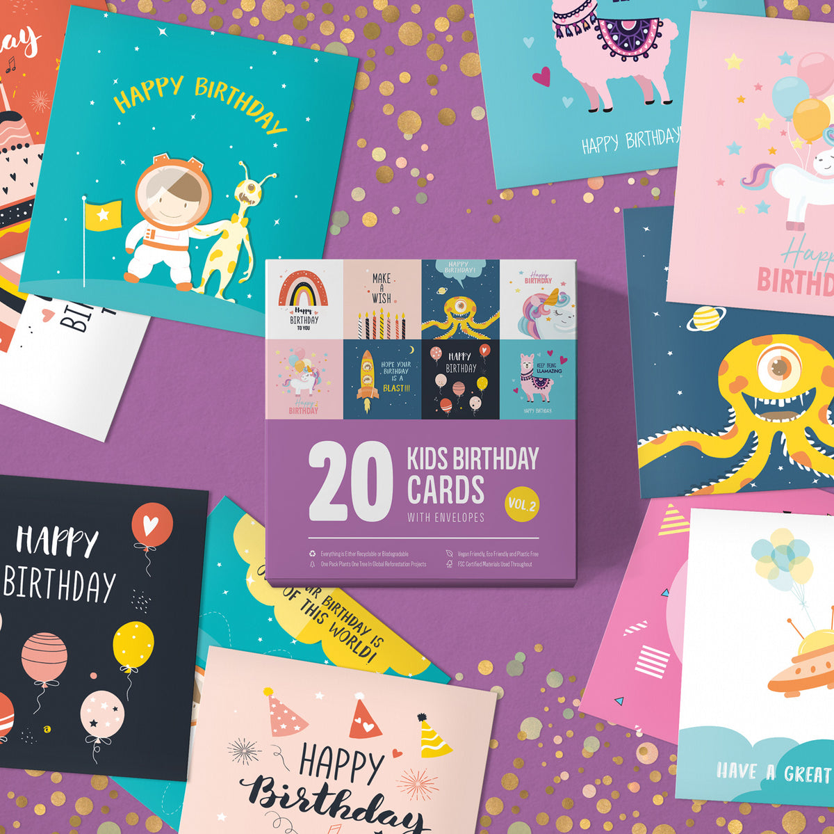 Pack of kids birthday cards Volume 2 – box with cards and envelopes laid out