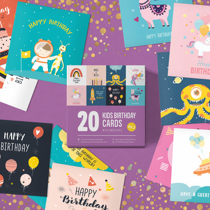 Pack of kids birthday cards Volume 2 – box with cards and envelopes laid out