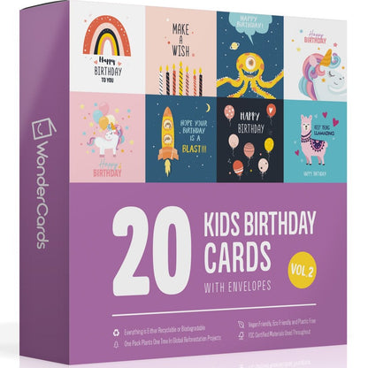 Pack of kids birthday cards Volume 2 – 20 cards and envelopes in their box