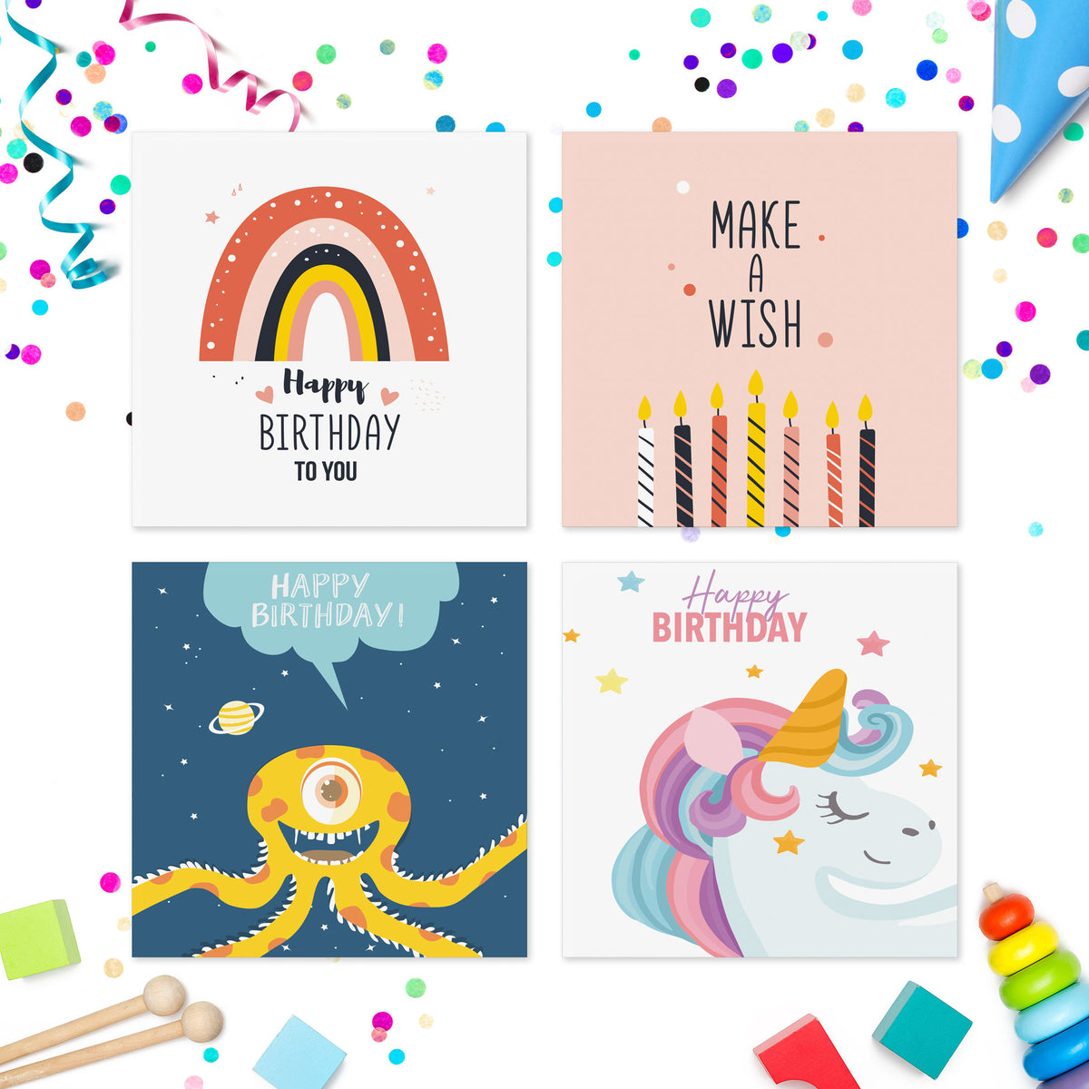 Pack of kids birthday cards Volume 2 – card designs 1 to 4
