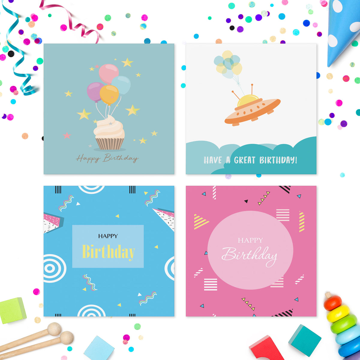 Pack of kids birthday cards Volume 2 – card designs 17 to 20