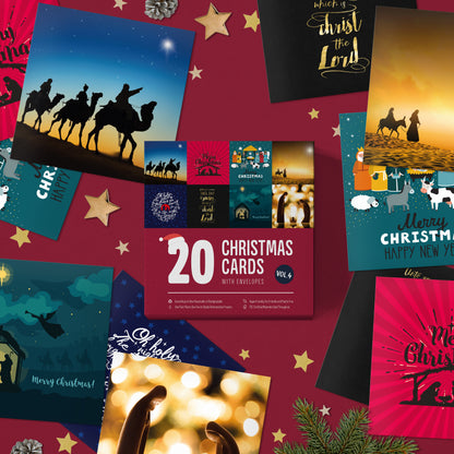 Pack of religious Christmas cards – box with cards and envelopes laid out